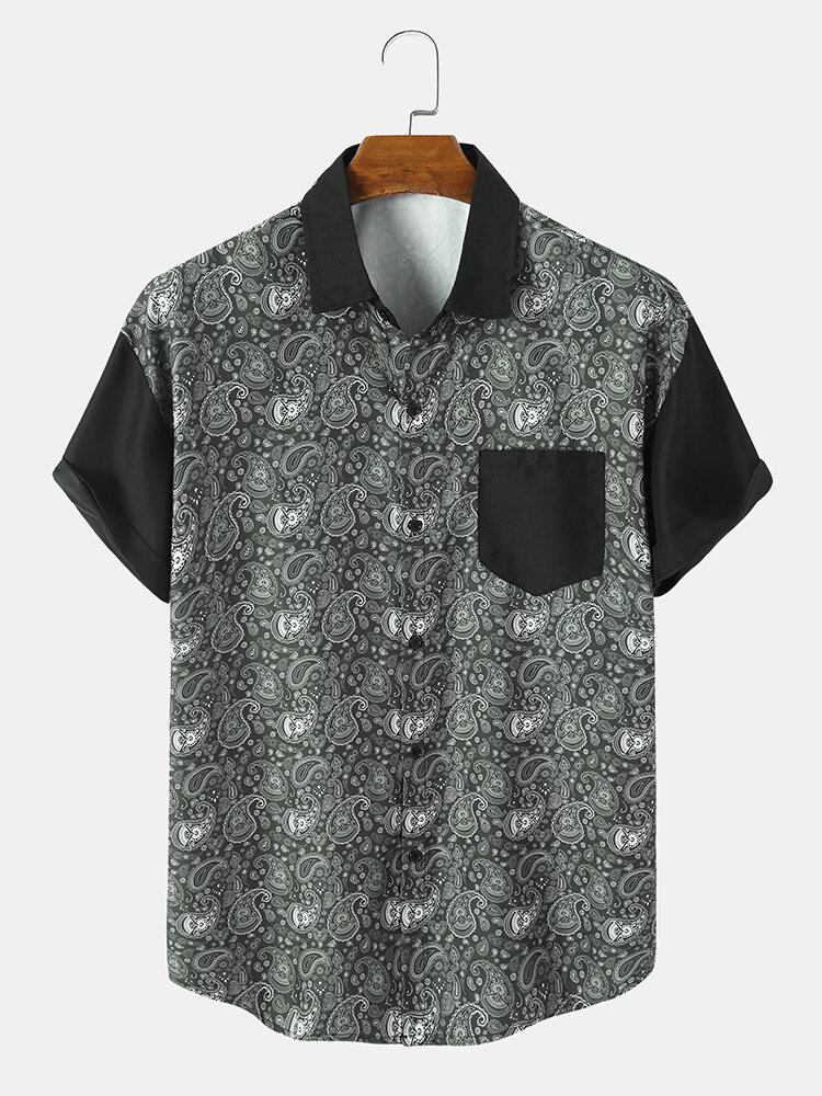 Monokrom Paisley Print Button Up Kortærmede Skjorter Til Mænd