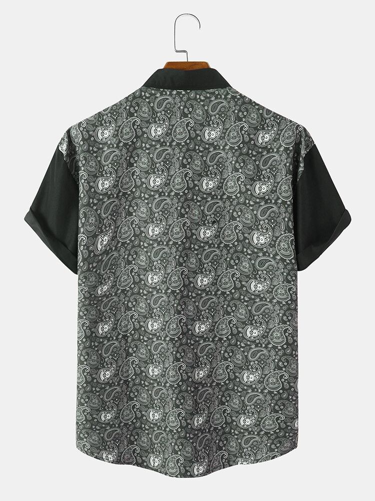 Monokrom Paisley Print Button Up Kortærmede Skjorter Til Mænd