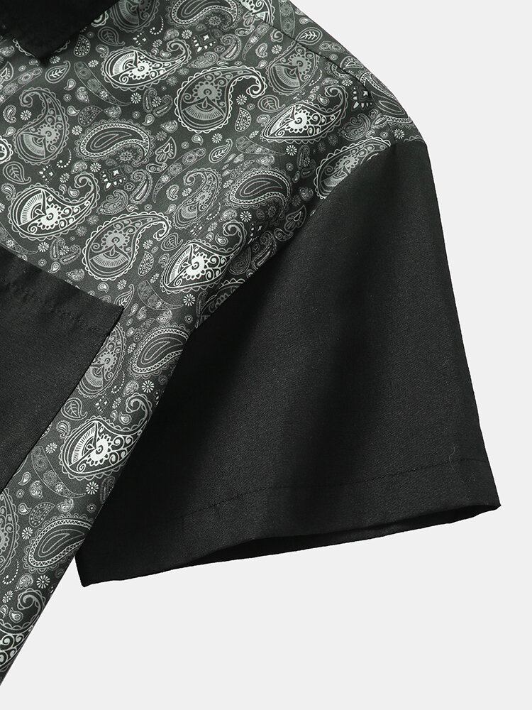 Monokrom Paisley Print Button Up Kortærmede Skjorter Til Mænd