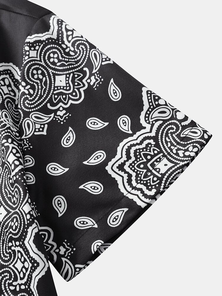 Monokrom Paisley-print Til Mænd Med Korte Ærmer I Etnisk Stil