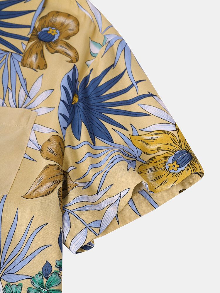 Tropical Floral Print Patchwork Camp Collar Kortærmede Skjorter Til Mænd