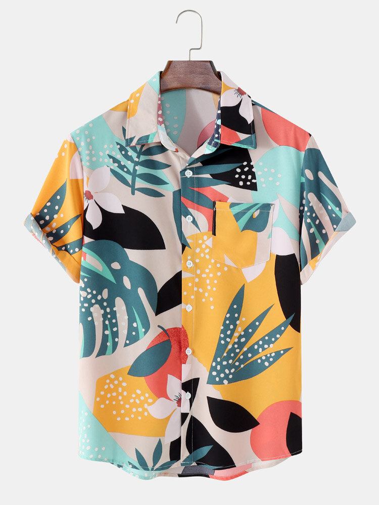 Tropical Leaf Color Block Print Vacation Kortærmede Skjorter