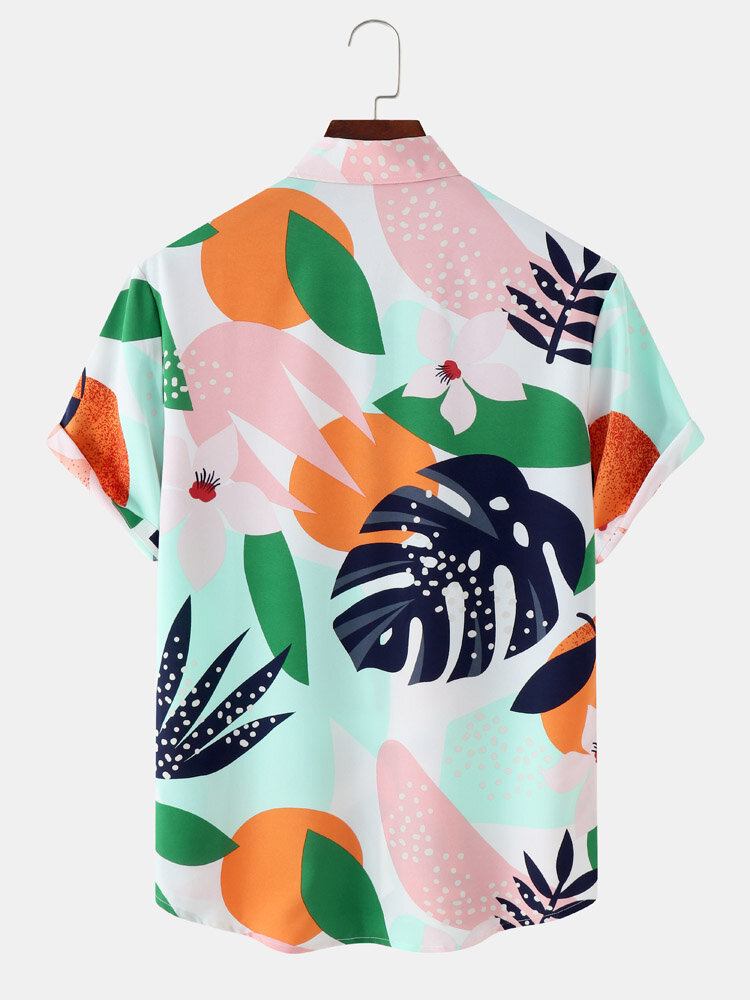 Tropical Leaf Color Block Print Vacation Kortærmede Skjorter