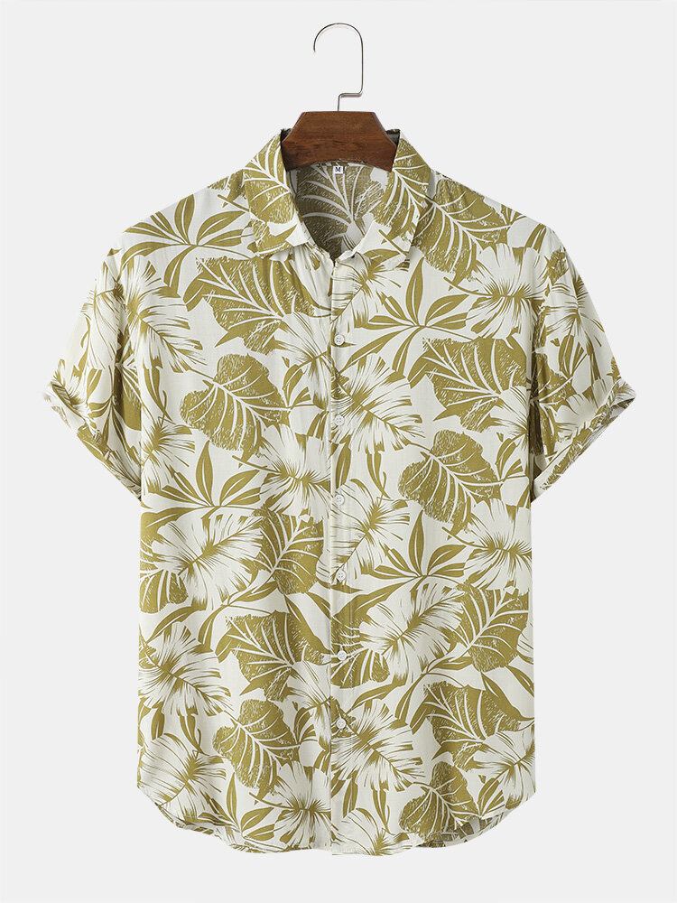 Tropical Leaf Print Button Up Holiday Kortærmede Skjorter