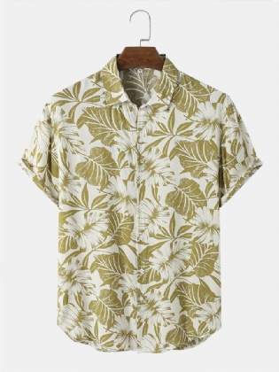 Tropical Leaf Print Button Up Holiday Kortærmede Skjorter