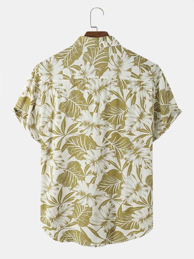 Tropical Leaf Print Button Up Holiday Kortærmede Skjorter