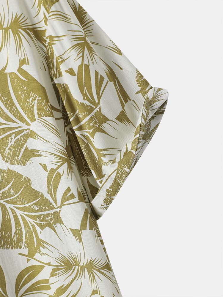 Tropical Leaf Print Button Up Holiday Kortærmede Skjorter