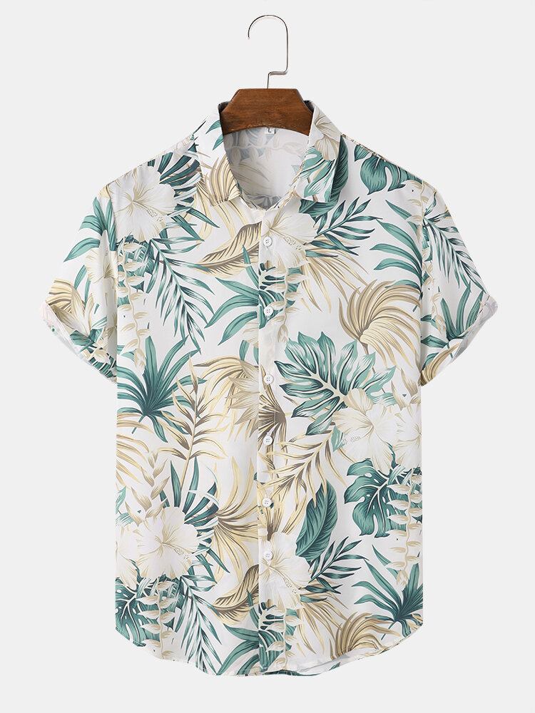 Tropical Plant Print Button Up Holiday Kortærmede Skjorter Til Mænd