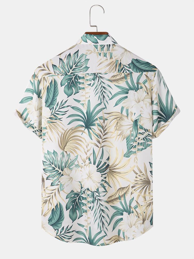 Tropical Plant Print Button Up Holiday Kortærmede Skjorter Til Mænd