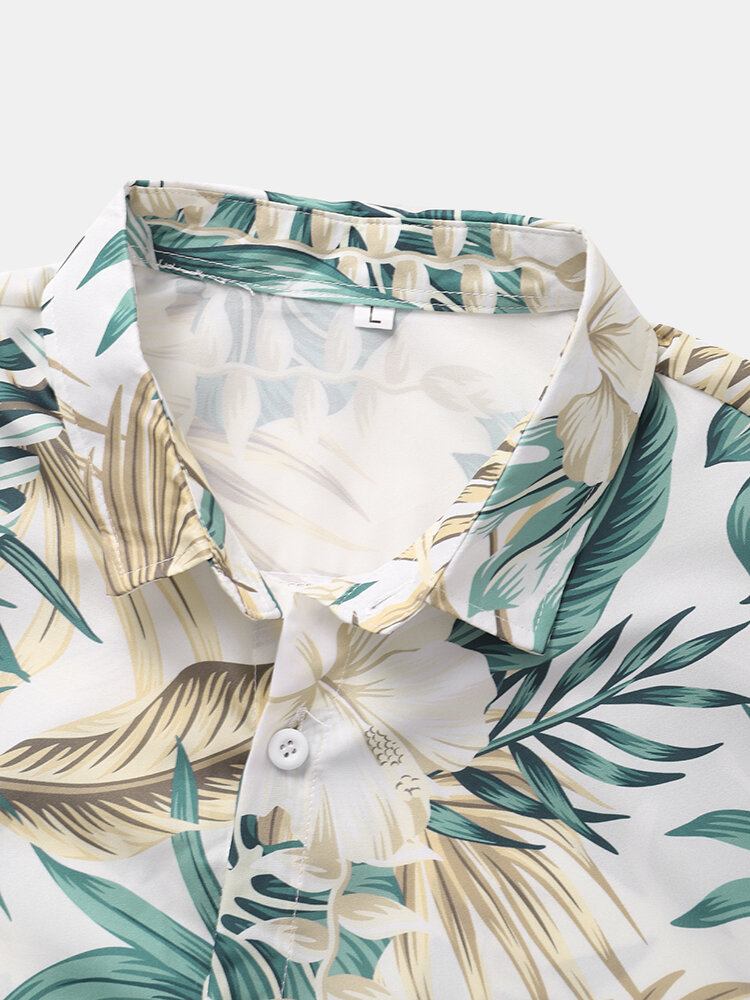 Tropical Plant Print Button Up Holiday Kortærmede Skjorter Til Mænd