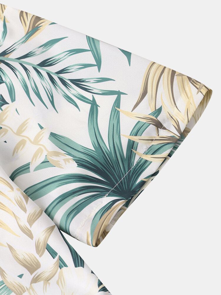 Tropical Plant Print Button Up Holiday Kortærmede Skjorter Til Mænd