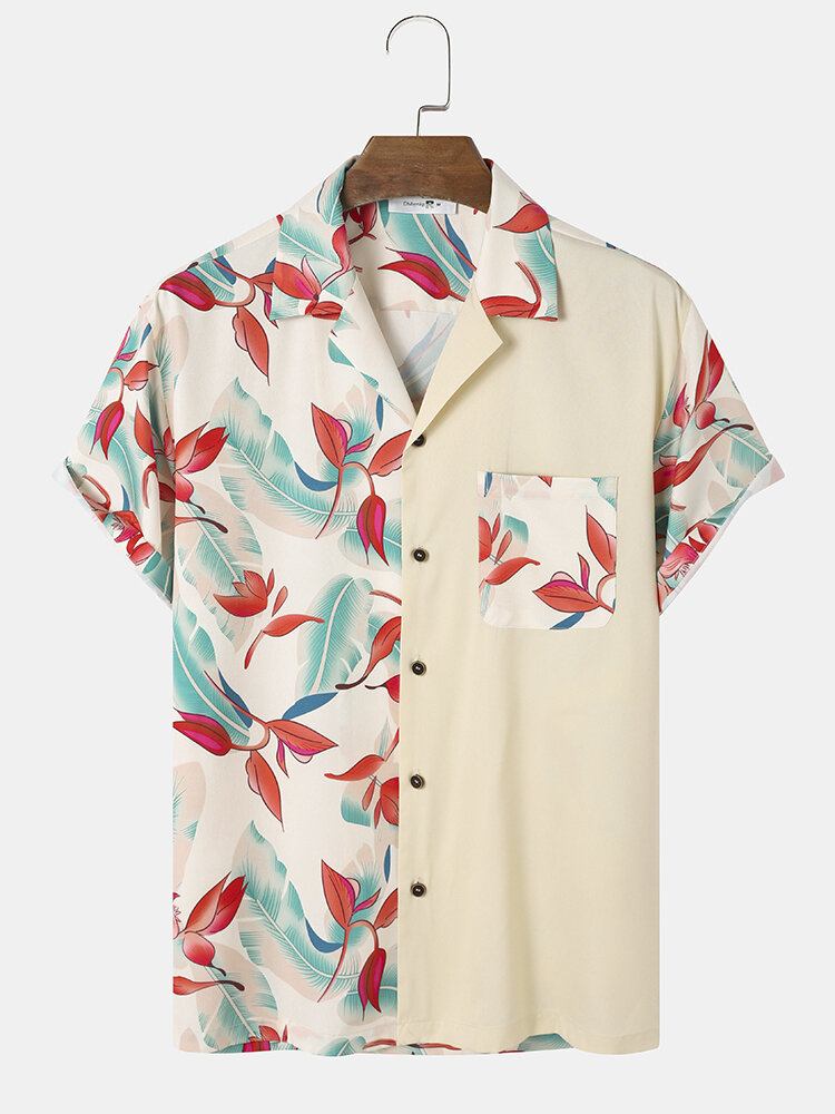 Tropical Plant Print Patchwork Revere Collar Kortærmede Skjorter