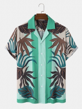 Tropical Plant Stripe Print Revere Collar Holiday Kortærmede Skjorter