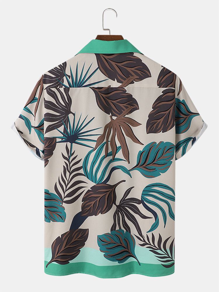 Tropical Plant Stripe Print Revere Collar Holiday Kortærmede Skjorter