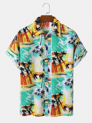 Tropical Scenery Print Lapel Holiday Kortærmede Skjorter Til Mænd