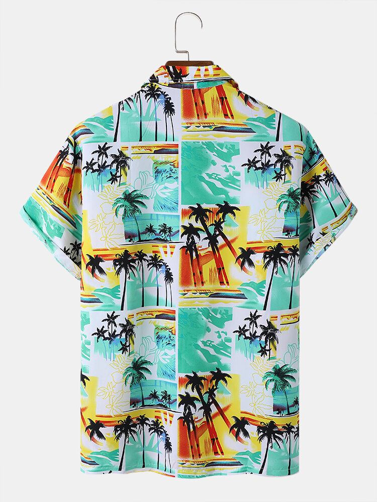 Tropical Scenery Print Lapel Holiday Kortærmede Skjorter Til Mænd