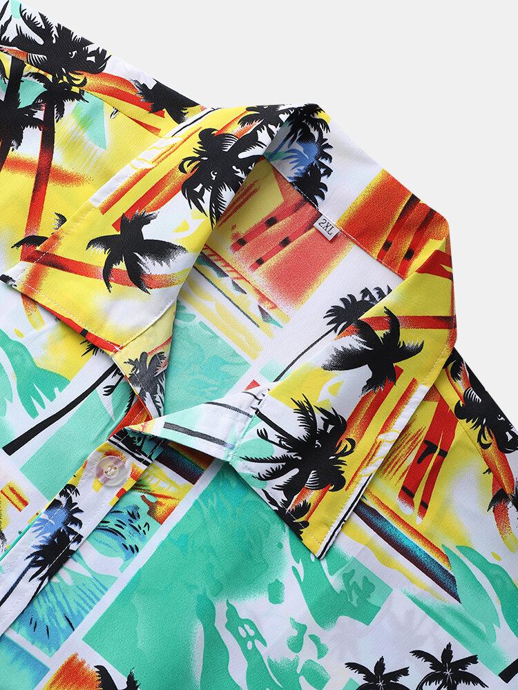 Tropical Scenery Print Lapel Holiday Kortærmede Skjorter Til Mænd