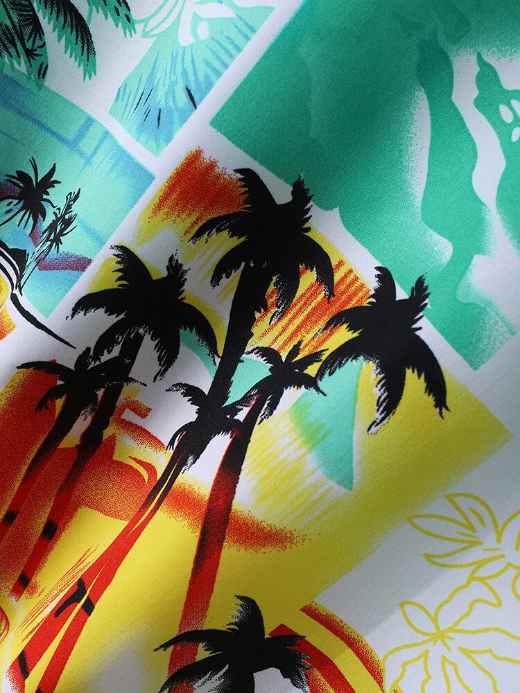 Tropical Scenery Print Lapel Holiday Kortærmede Skjorter Til Mænd