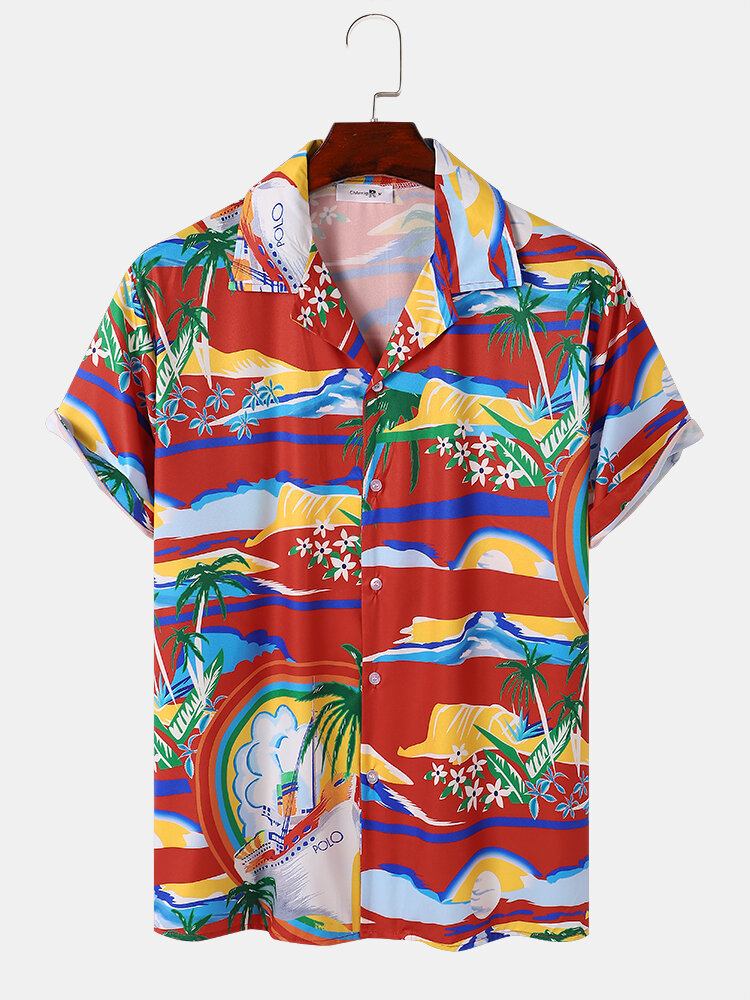 Tropical Scenery Print Revere Collar Holiday Kortærmede Skjorter