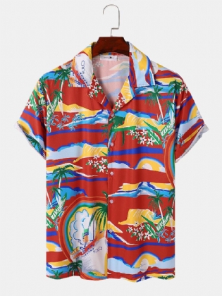 Tropical Scenery Print Revere Collar Holiday Kortærmede Skjorter