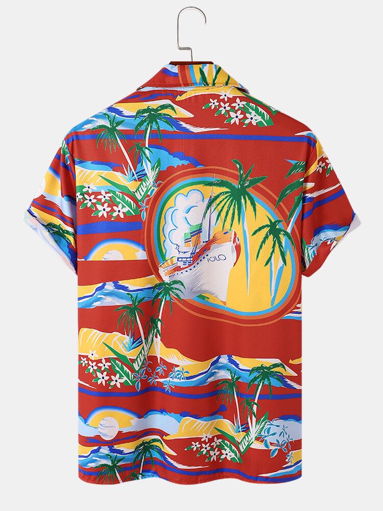 Tropical Scenery Print Revere Collar Holiday Kortærmede Skjorter