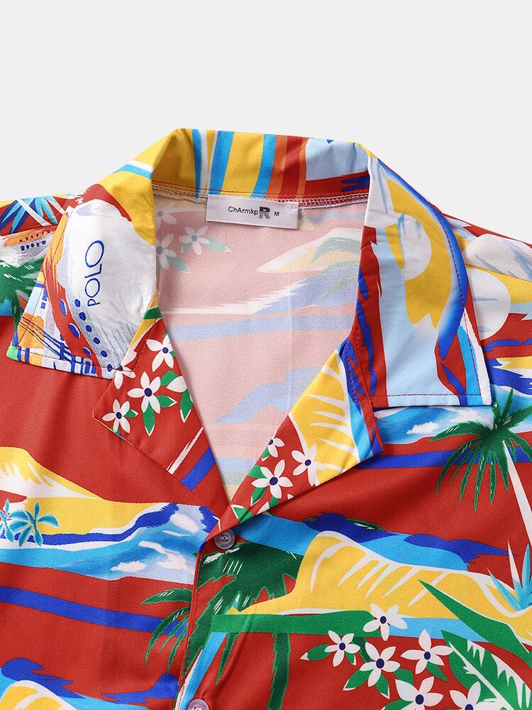 Tropical Scenery Print Revere Collar Holiday Kortærmede Skjorter