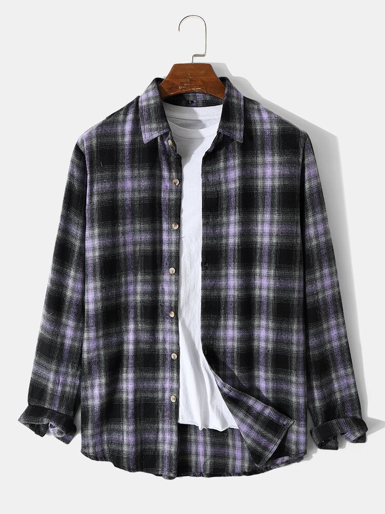 Vintage Plaid Mænd Afslappet Lilla Knap Reversskjorte