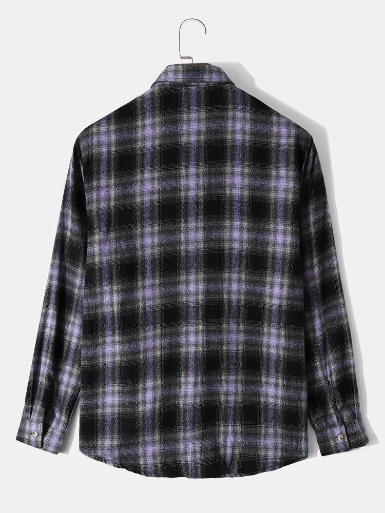 Vintage Plaid Mænd Afslappet Lilla Knap Reversskjorte