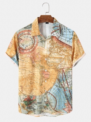 Vintage World Map Print Button Up Kortærmede Skjorter Til Mænd