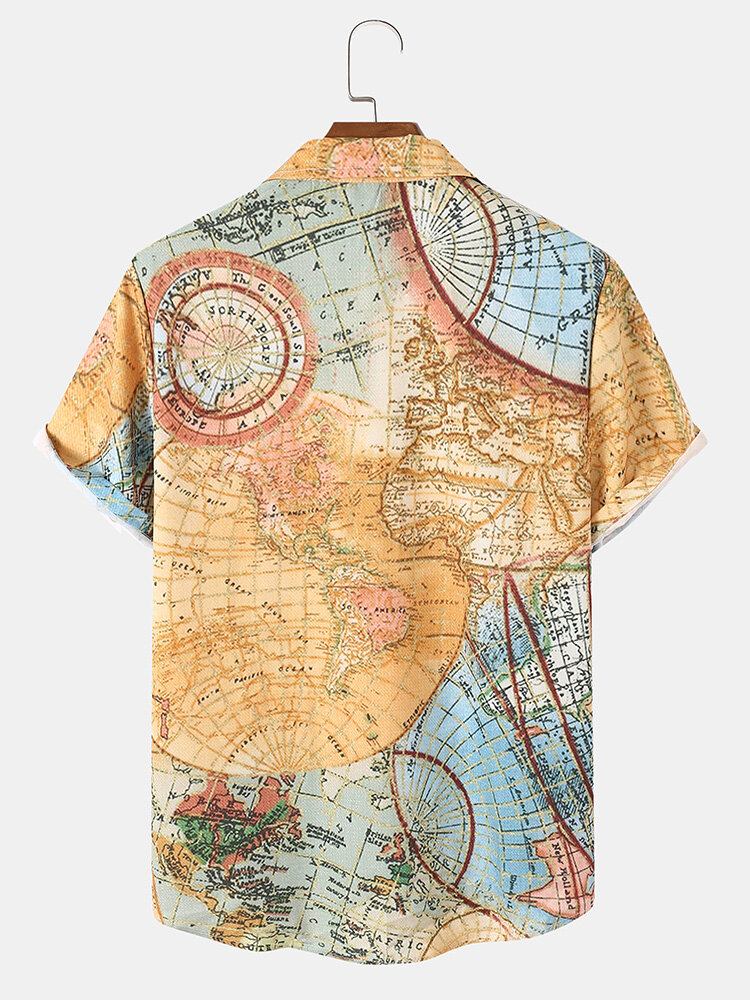 Vintage World Map Print Button Up Kortærmede Skjorter Til Mænd