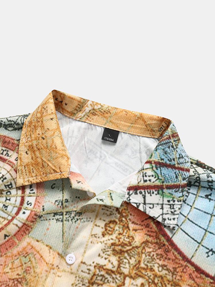 Vintage World Map Print Button Up Kortærmede Skjorter Til Mænd