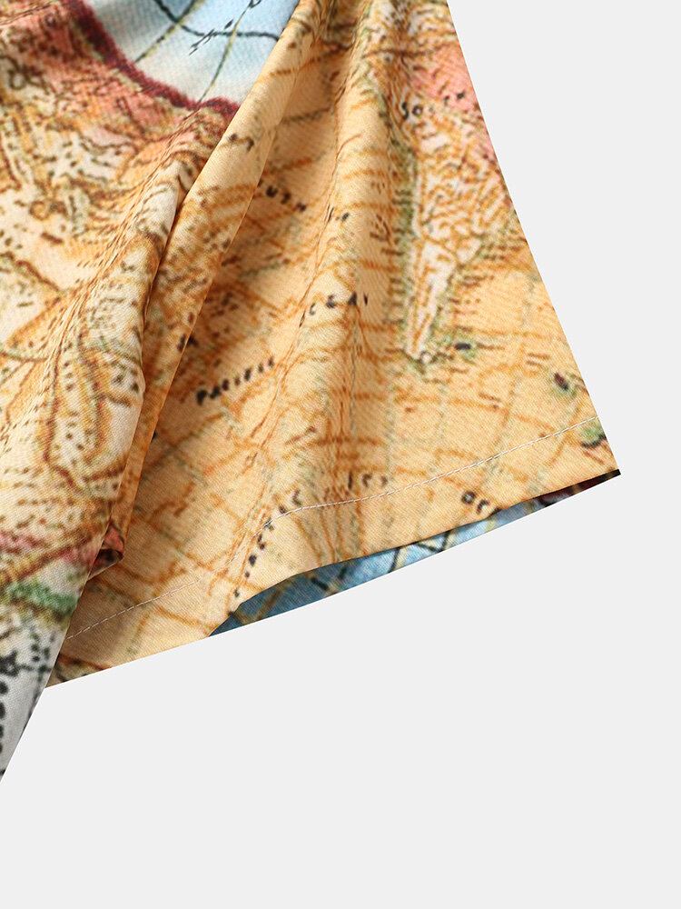 Vintage World Map Print Button Up Kortærmede Skjorter Til Mænd