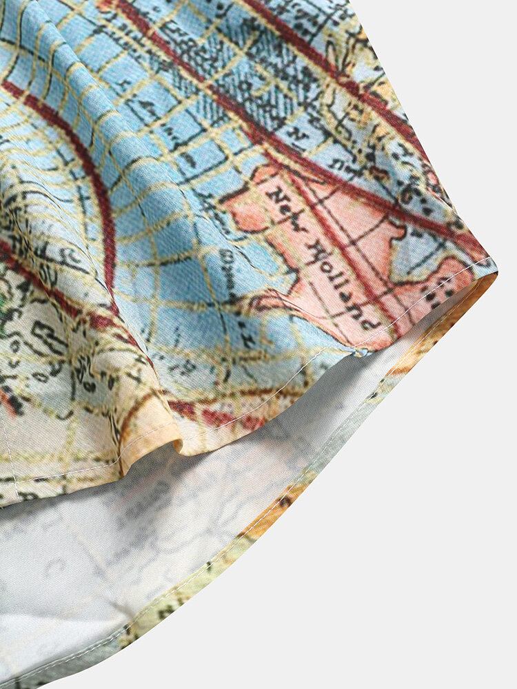 Vintage World Map Print Button Up Kortærmede Skjorter Til Mænd