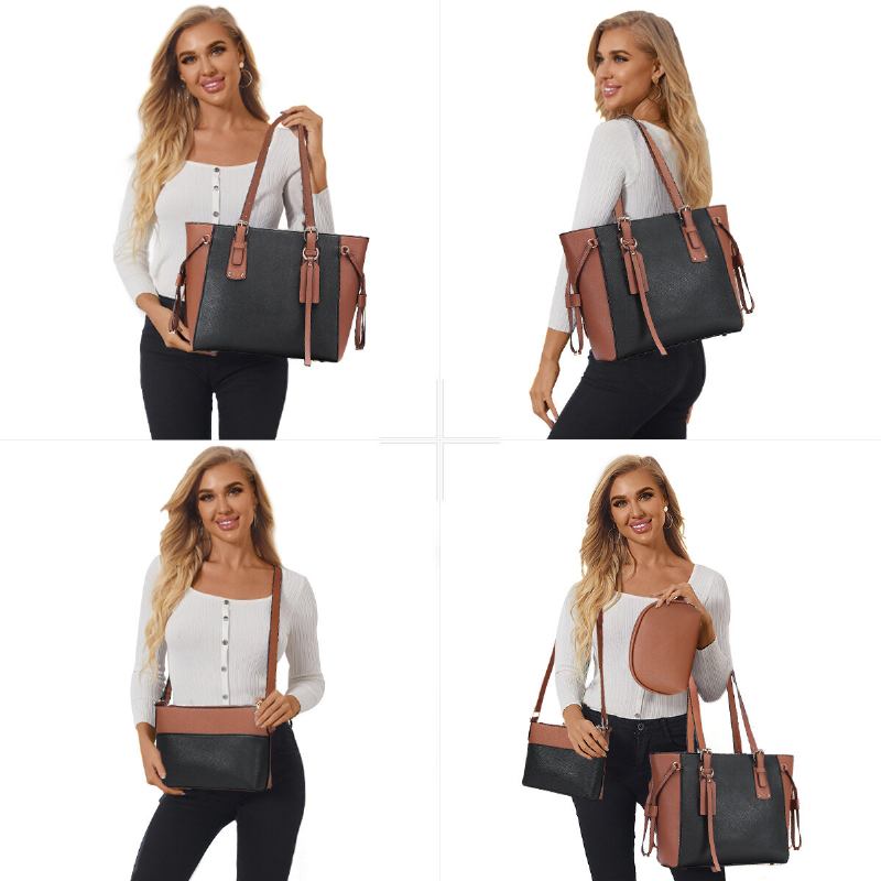 3 Stk Pu Læder Vintage Farve-match Clutch Taske Med Stor Kapacitet Crossbody Taske Skuldertaske Håndtaske