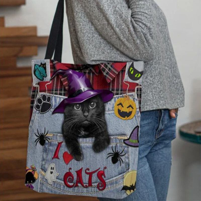 Dame Canvas Magic Huer Tredimensionel 3d Cute Black Cat Håndtaske Tote Skuldertaske