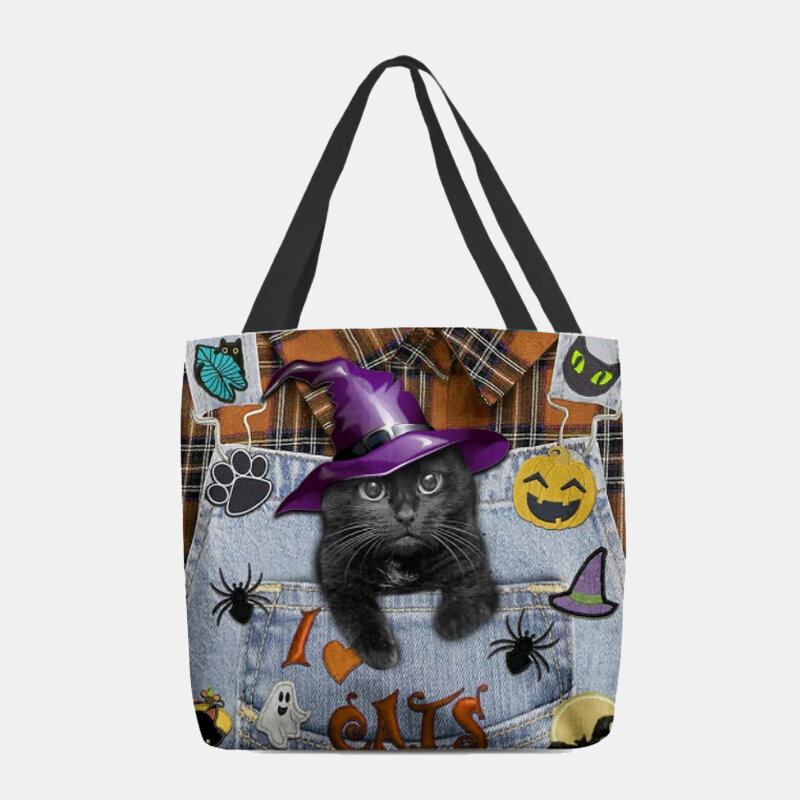 Dame Canvas Magic Huer Tredimensionel 3d Cute Black Cat Håndtaske Tote Skuldertaske