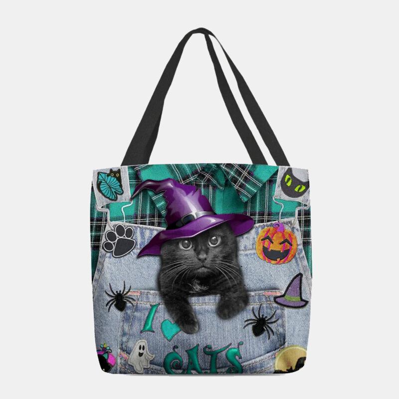 Dame Canvas Magic Huer Tredimensionel 3d Cute Black Cat Håndtaske Tote Skuldertaske