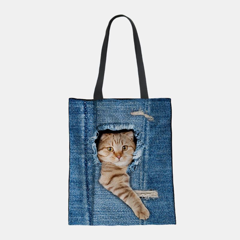 Kvinder Canvas Breaking Hole Denim 3d Sød Kat Hundemønster Casual Outdoor Håndtaske Skuldertaske Tote