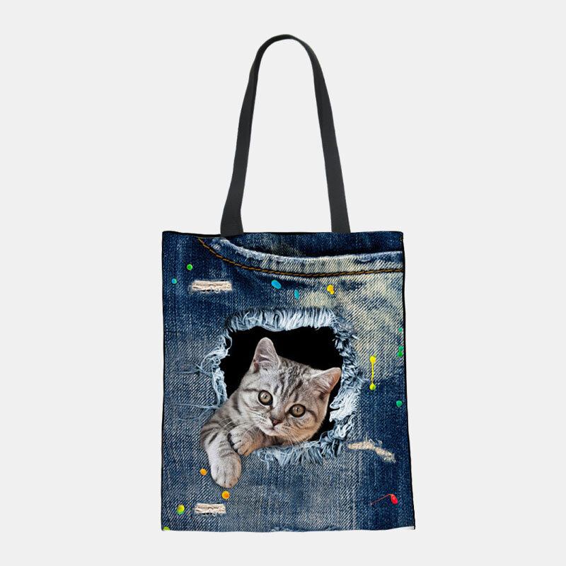 Kvinder Canvas Breaking Hole Denim 3d Sød Kat Hundemønster Casual Outdoor Håndtaske Skuldertaske Tote