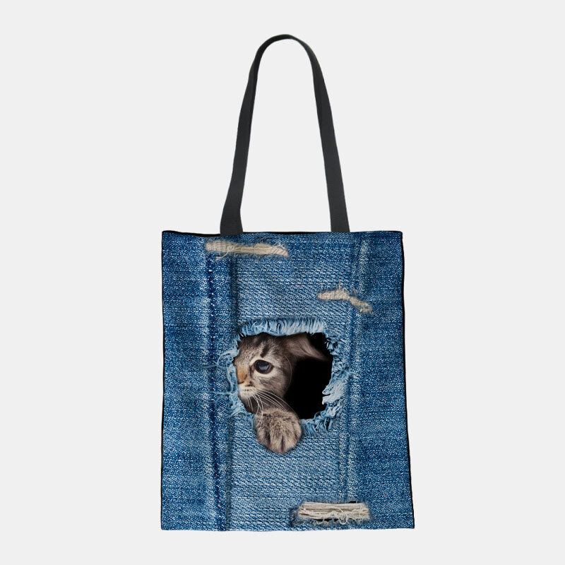 Kvinder Canvas Breaking Hole Denim 3d Sød Kat Hundemønster Casual Outdoor Håndtaske Skuldertaske Tote