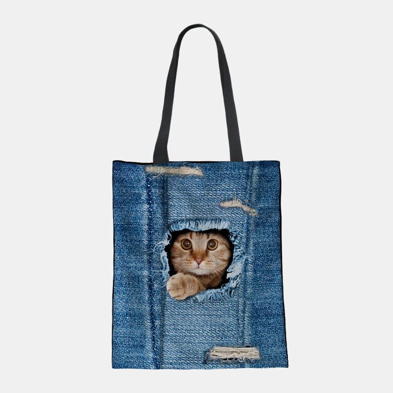 Kvinder Canvas Breaking Hole Denim 3d Sød Kat Hundemønster Casual Outdoor Håndtaske Skuldertaske Tote