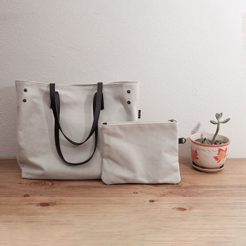 Kvinder Canvas Casual Tote Taske Med Stor Kapacitet Indvendig Lynlås Håndtaske