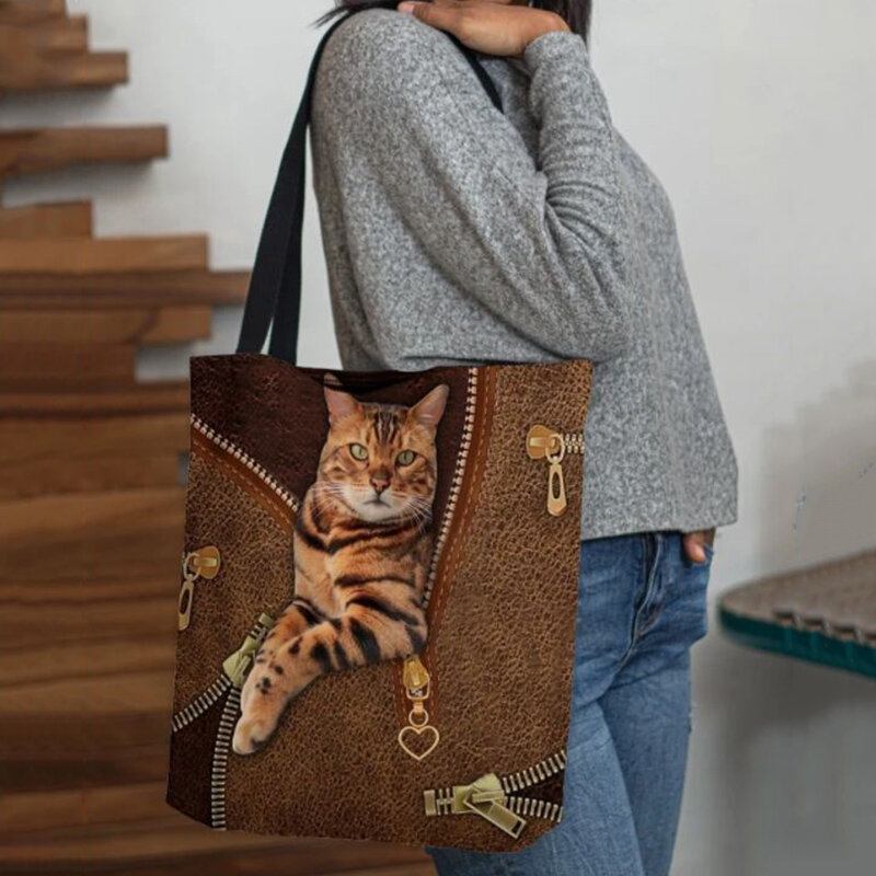 Kvinder Canvas Cute 3d Tredimensional Vision Cat Pattern Skuldertaske Håndtaske Tote