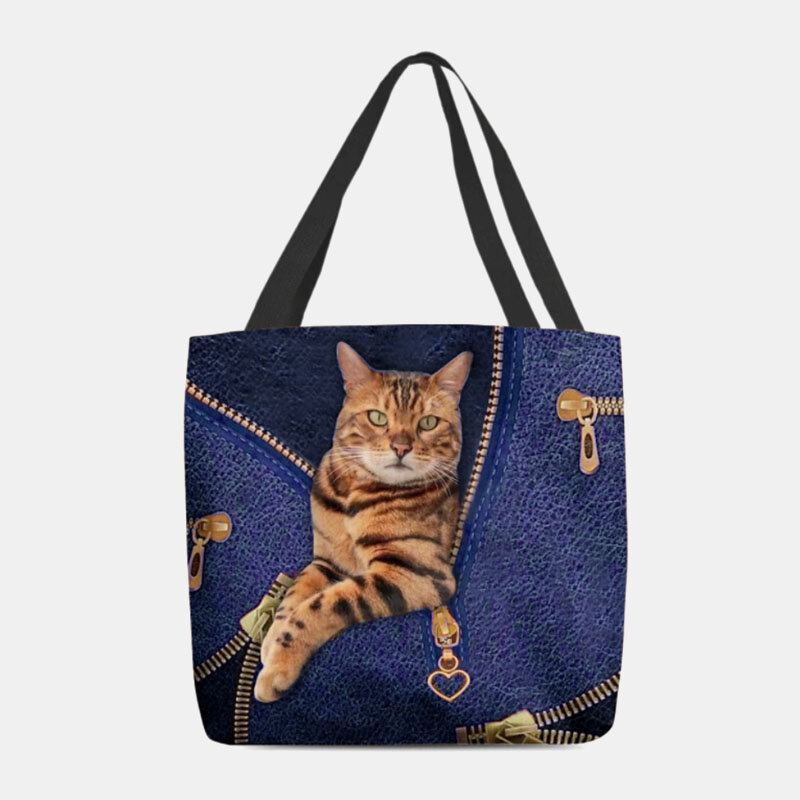 Kvinder Canvas Cute 3d Tredimensional Vision Cat Pattern Skuldertaske Håndtaske Tote