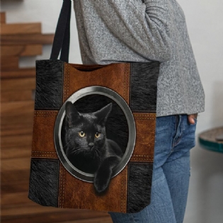 Kvinder Canvas Cute Cartoon Black Cat Print Håndtaske Tote Skuldertaske