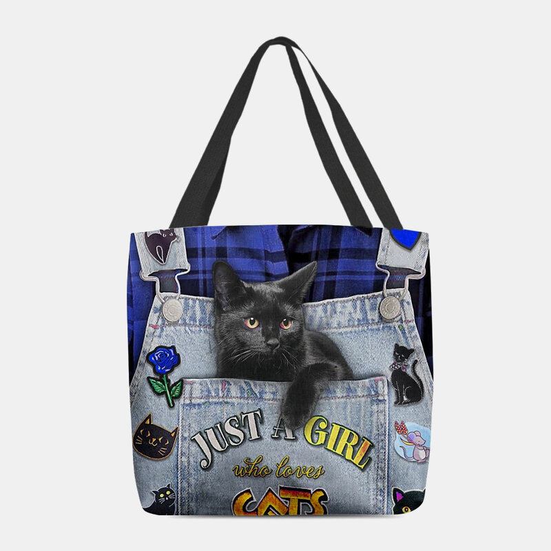 Kvinder Canvas Tredimensionel 3d Cute Black Cat Håndtaske Tote Skuldertaske