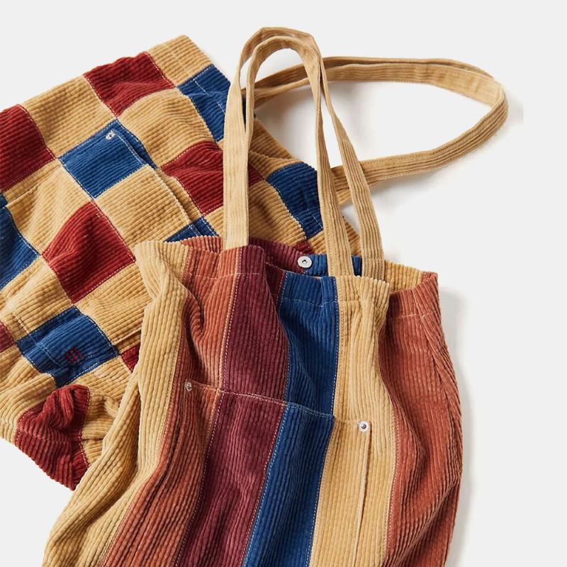 Kvinder Corduroy Farvet Stribet Frontlomme Tote Med Stor Kapacitet Vintage Skuldertaske Håndtaske