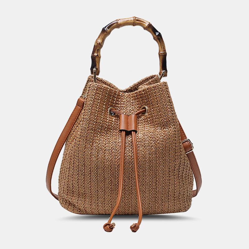 Kvinder Ensfarvet String Casual Straw Taske Håndtaske Skuldertaske Crossbody Tasker Bucket Bag