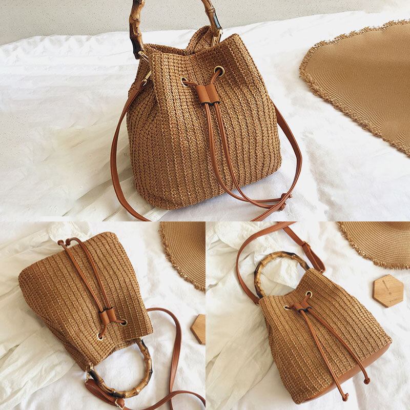 Kvinder Ensfarvet String Casual Straw Taske Håndtaske Skuldertaske Crossbody Tasker Bucket Bag