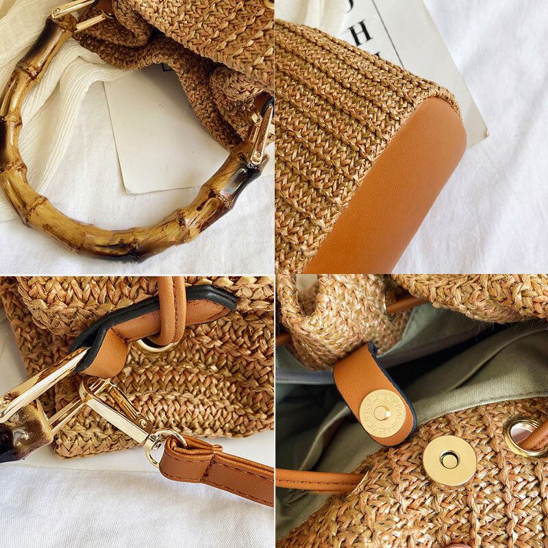 Kvinder Ensfarvet String Casual Straw Taske Håndtaske Skuldertaske Crossbody Tasker Bucket Bag